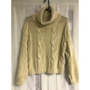 Cream Cable Knit Turtleneck Sweater Chunky Cotton Blend Relaxed Fit Small